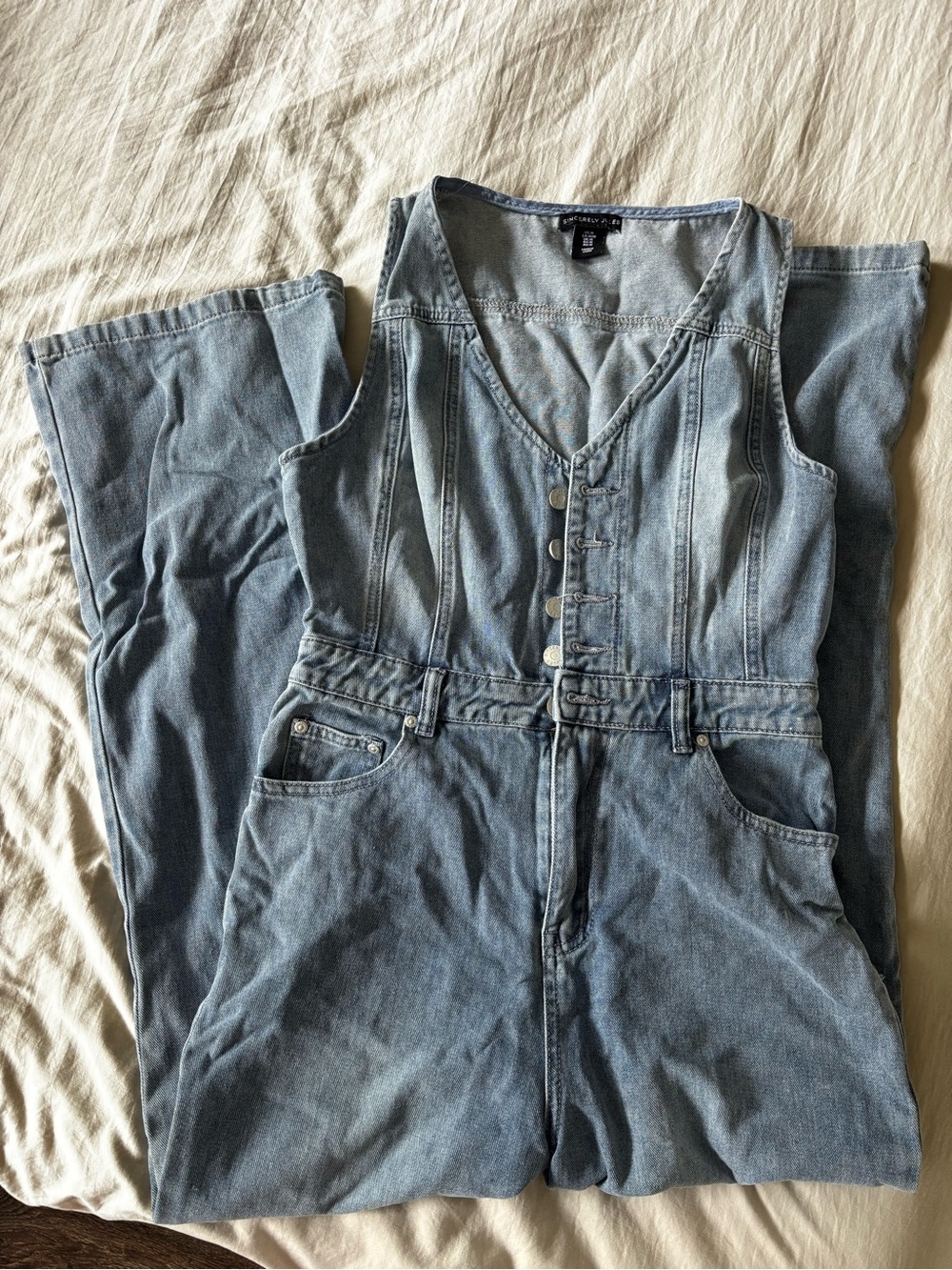 Sincerely Jules Light Blue Denim Button-Front Jumpsuit